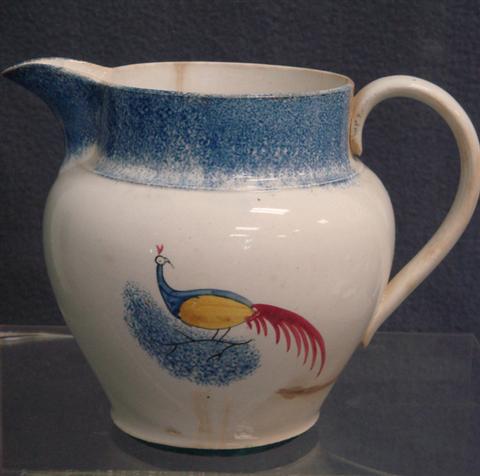 Spatterware pitcher with peafowl decoration,