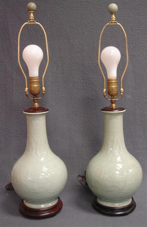 Pr Celadon sculpted gourd vases