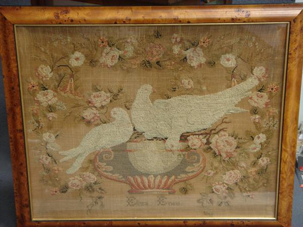 Needlework panel depicting 3 doves 3b963
