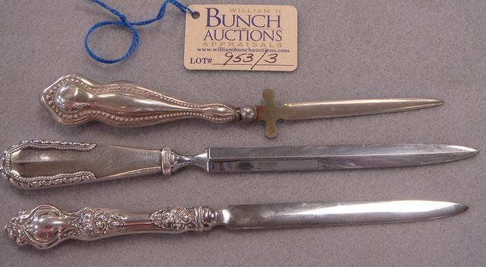 3 sterling handled letter openers, one