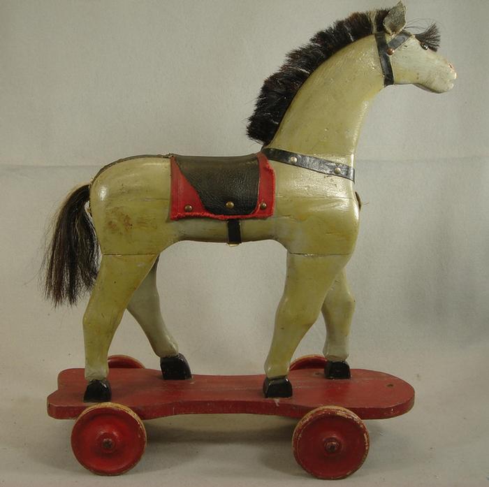 Carved & painted wood horse pull