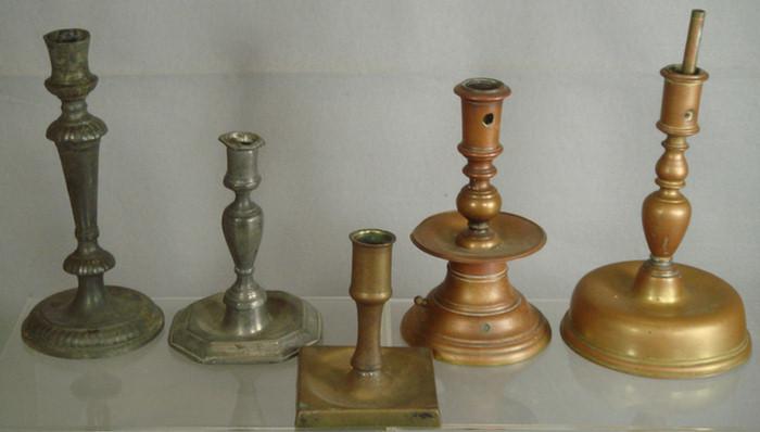 5 single candlesticks, 3 brass