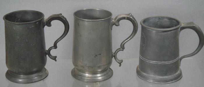 3 pewter 1 qt mugs, 18th c, maker