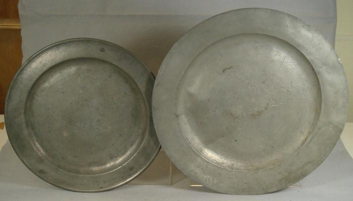 2 pewter chargers, one marked London,