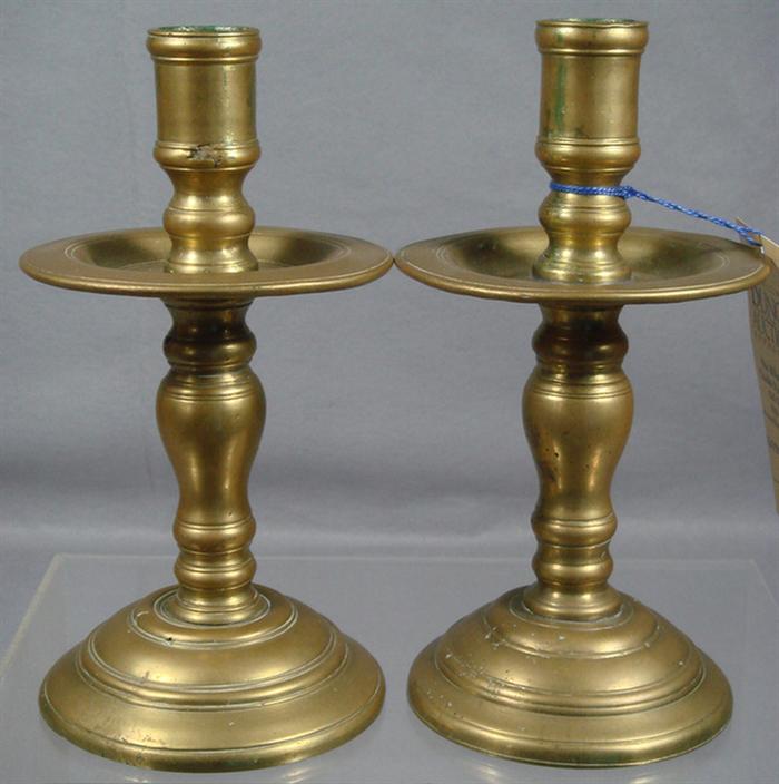 Pr brass candlesticks, early saucer