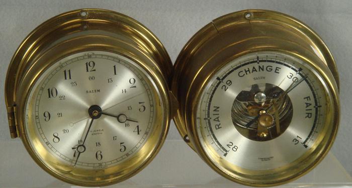 Spun brass ship clock & barometer,