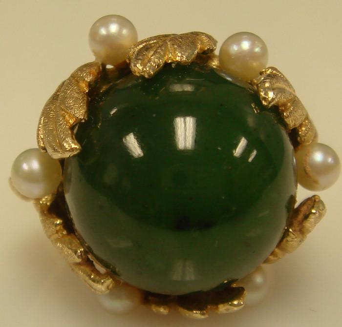 14K Jade Ring with Pearls.  Yellow