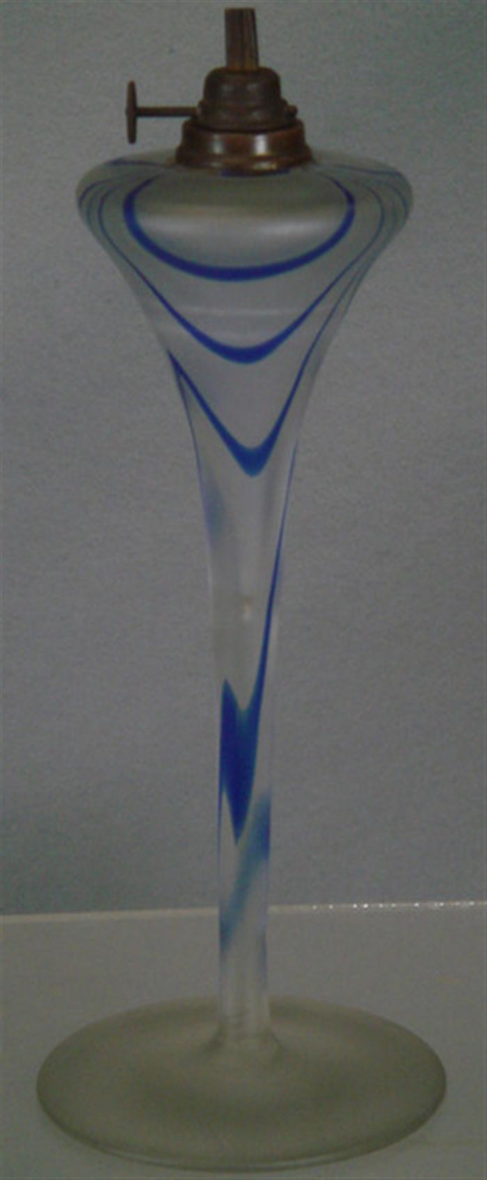 Art glass oil lamp, 11 tall.   Estimate