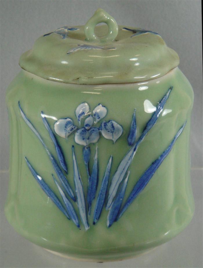 Celadon tobacco jar with blue iris 3be48