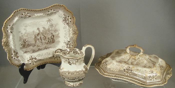 3 pcs brown transferware 2 Giraffe  3c41c