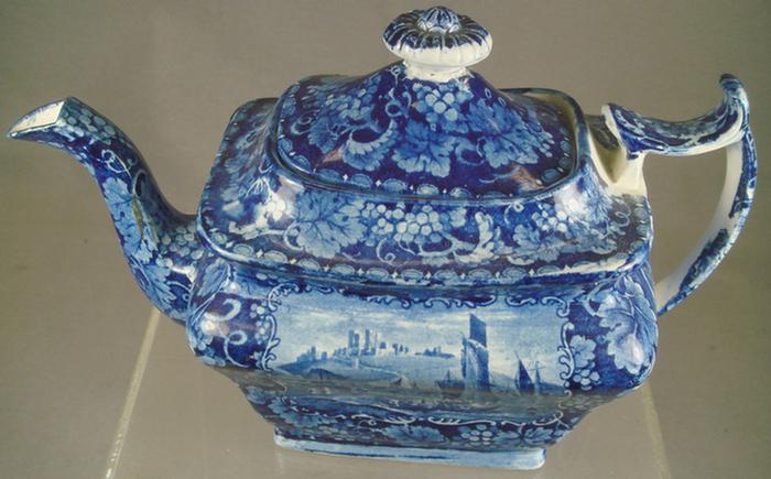 Blue transfer teapot, harbor scene,