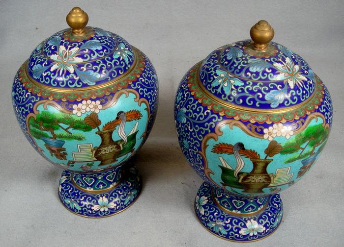 Pr Cloisonne footed ginger jars,