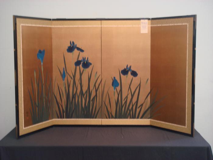 3 fold Japanese screen depicting blue