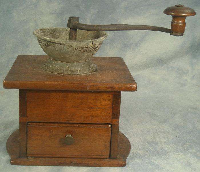 Walnut, pewter, and iron coffee grinder,