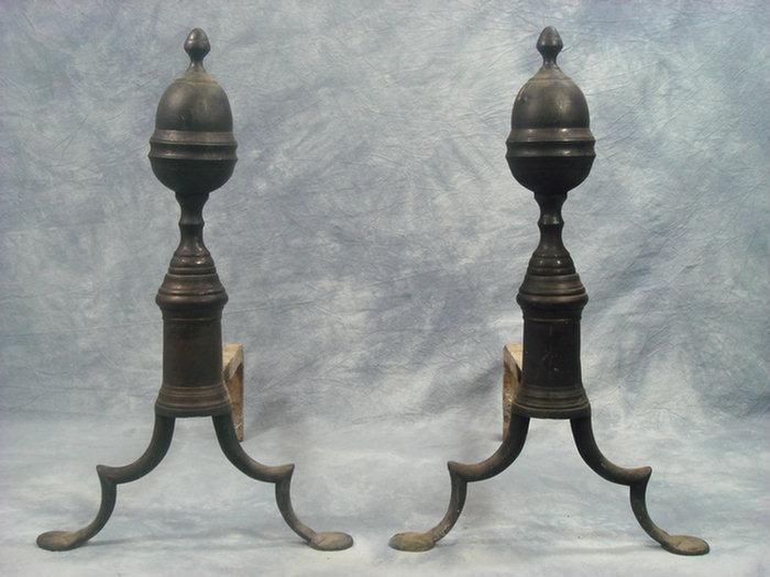 Pr early lemon top brass andirons,