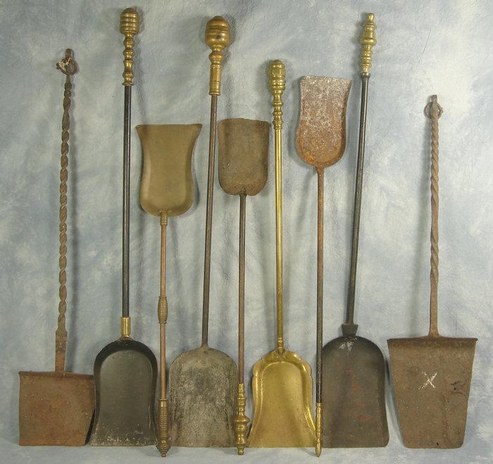 9 brass & wrought iron fire shovels