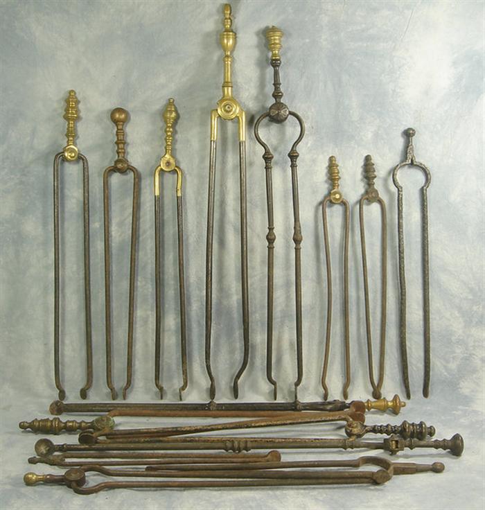 15 brass & wrought iron fire tongs