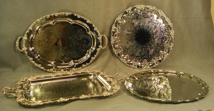 4 plated silver  trays, 2 round, 1 oval,