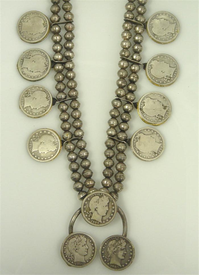 Silver coin squashblossom necklace,