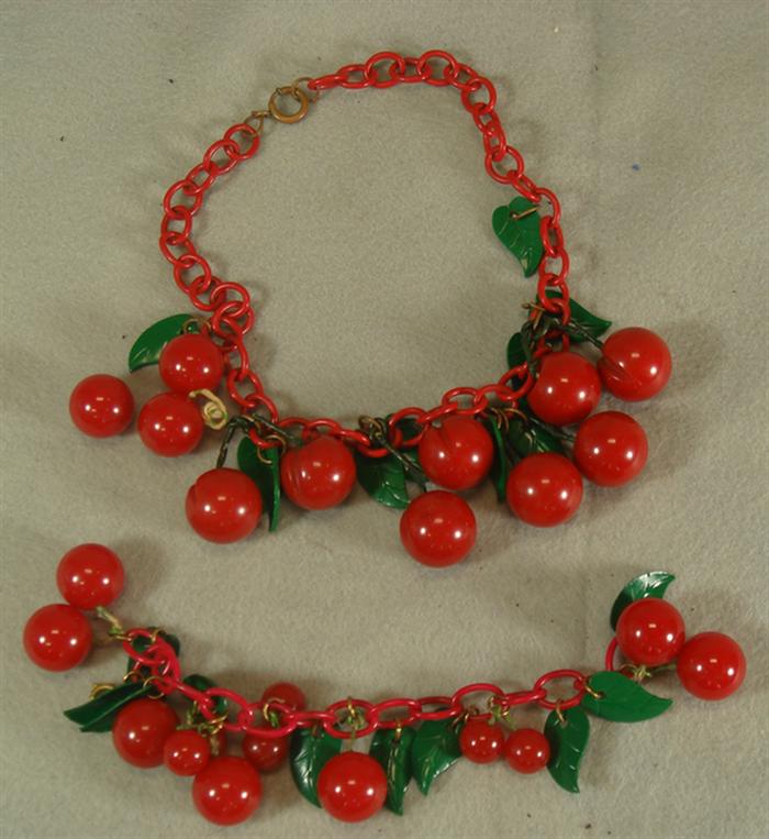 Red bakelite cherry bracelet and 3cd48
