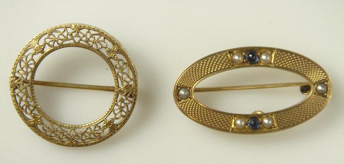 2 14K YG pins rnd filigree oval 3cd7e