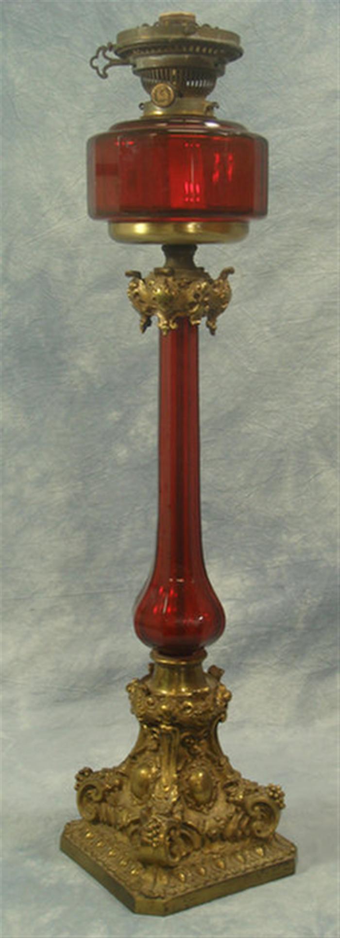 Ruby glass & brass banquet lamp,