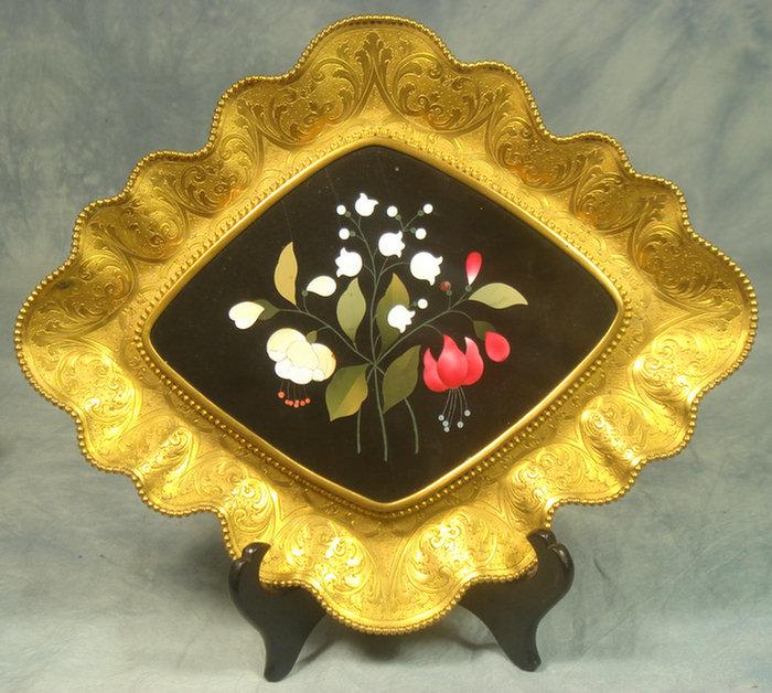 Pietra dura tray in engraved gilt