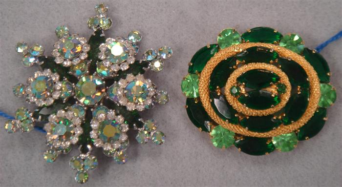 2 Brooches, (1) Green stones and