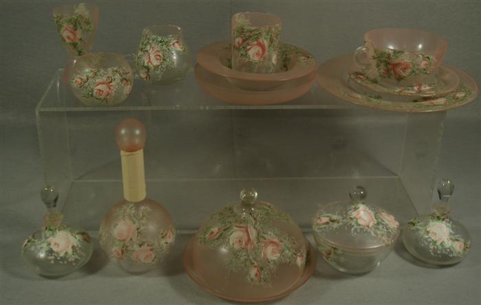 15 pc rose painted pink glass dresser/breakfast