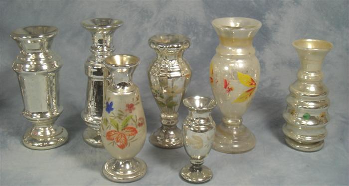 7 mercury glass vases, 5 with painted