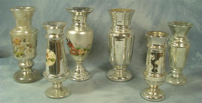 6 mercury glass vases, 5 with painted