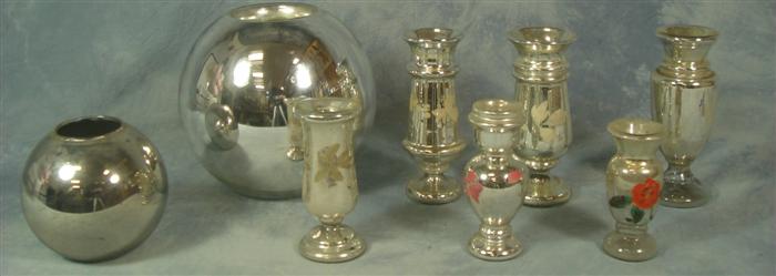 8 mercury glass vases, 5 with painted