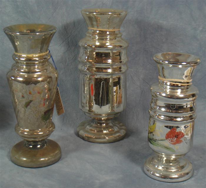 3 mercury glass vases , etched