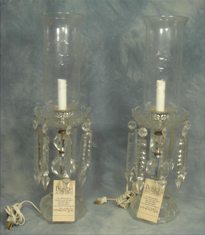 Pair of crystal table lamps, etched