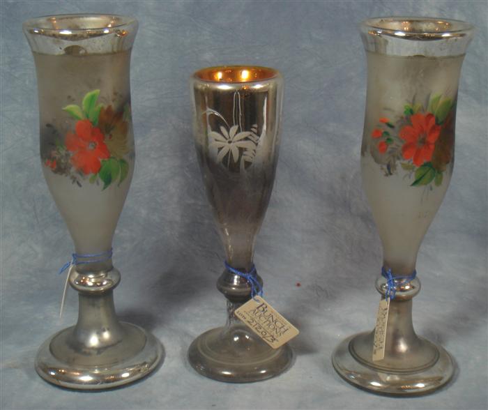 3 mercury glass vases, etched,