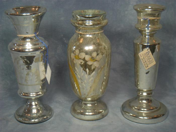 3 mercury glass vases,2 etched,