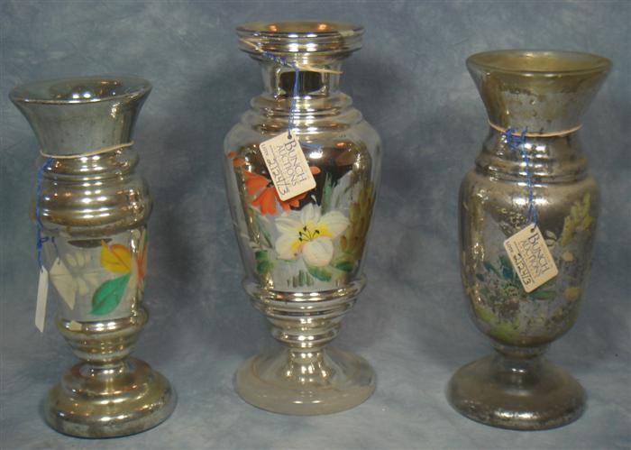 3 mercury glass vases, floral decoration