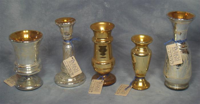 5 mercury glass vases,  etched