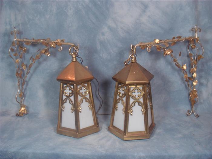 Pair of brass framed hanging lantern