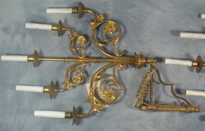 Pair brass 5 socket wall sconce,