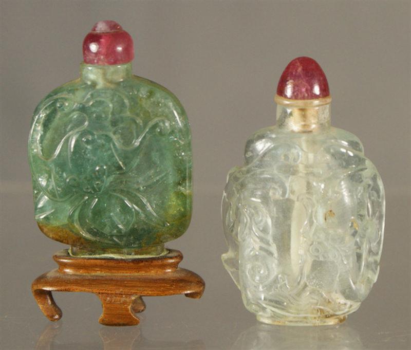  2 carved aquamarine snuff bottles  3d6a2