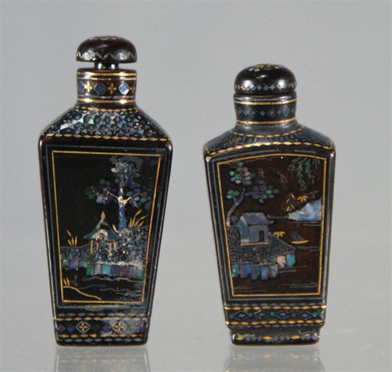 (2) black lacquer snuff bottles,