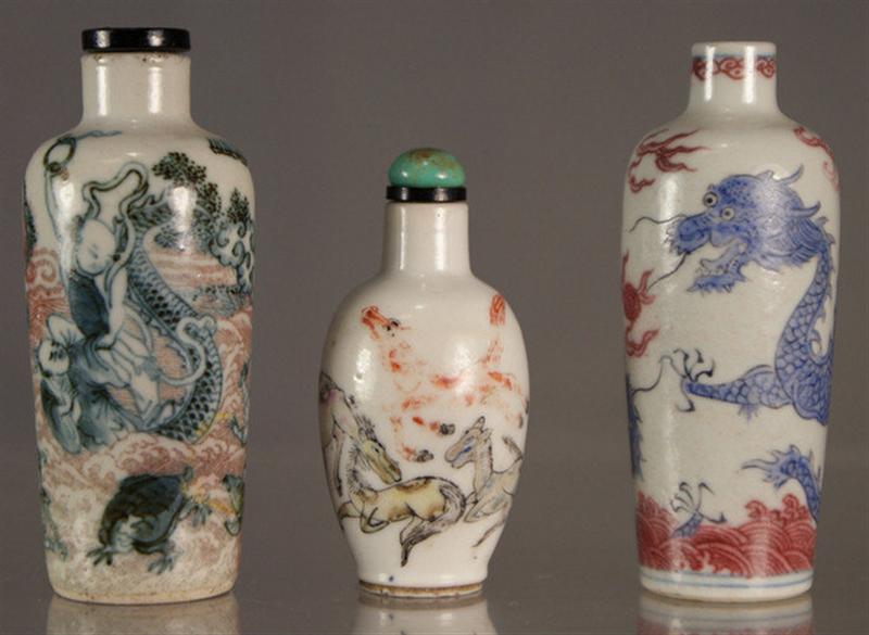 (3)  porcelain snuff bottles, iron