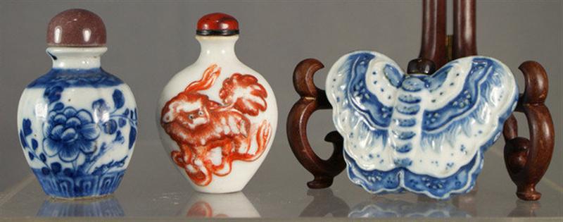 (3)  molded porcelain snuff bottles,