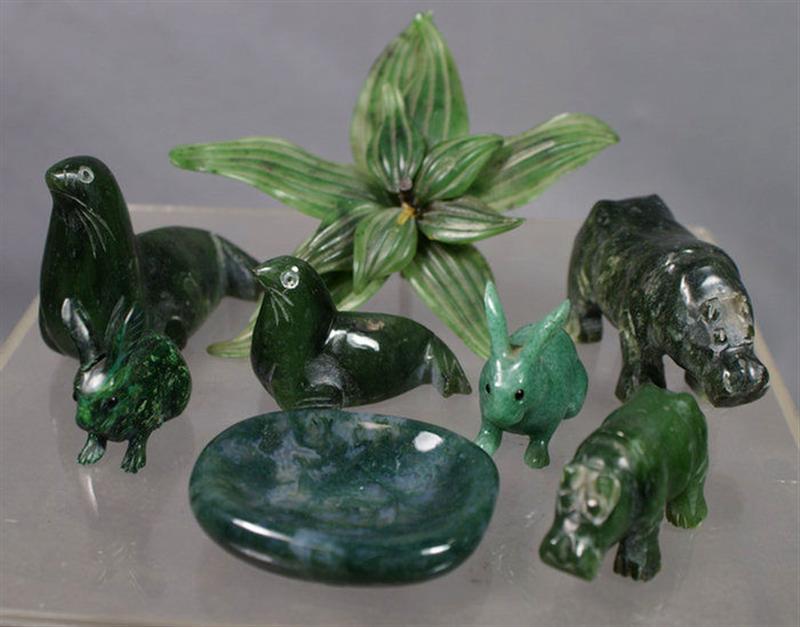 8 assorted dark green jade figural