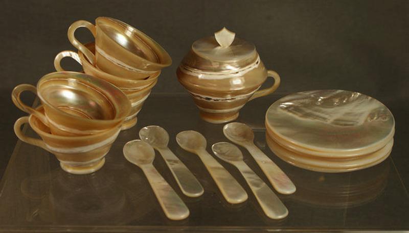 5 MOP teacups, saucers, spoons, and