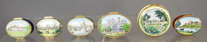 6 great house themed enameled boxes,