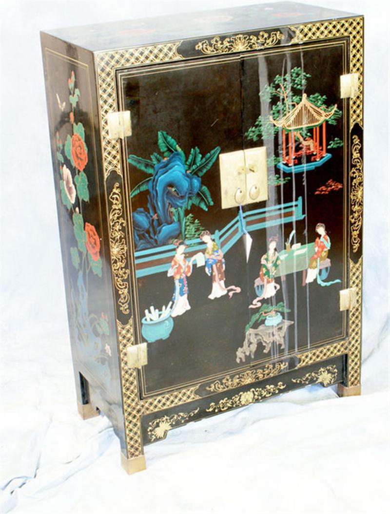 Lacquer decorated 2 door Oriental cabinet