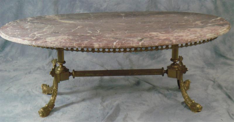 Oval brass marble top coffee table