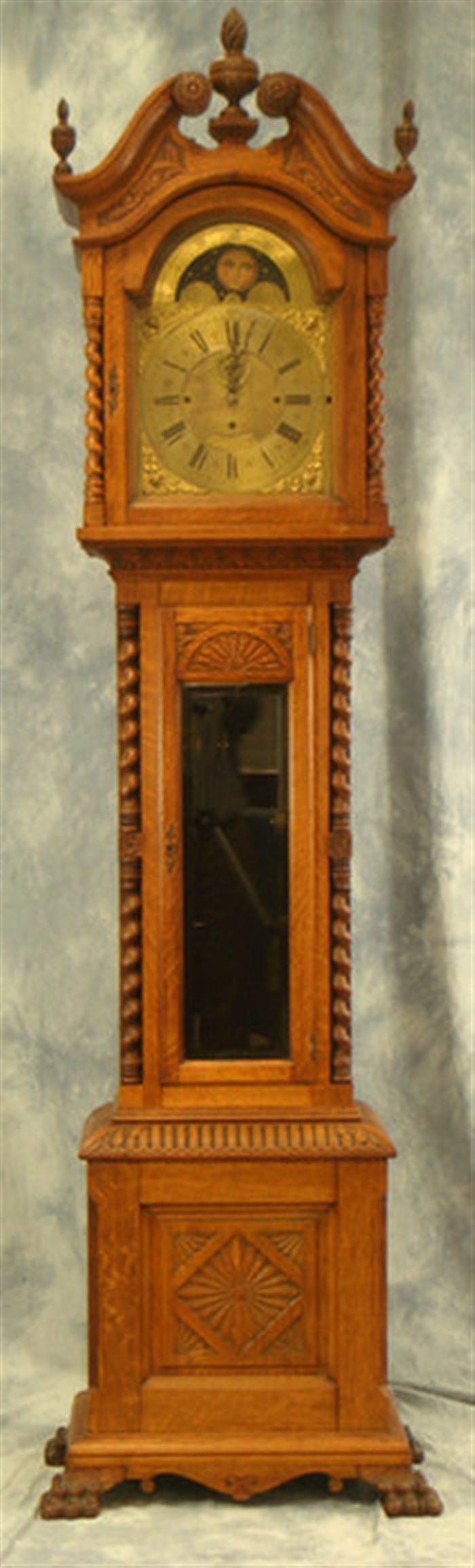 Carved oak tall case clock 3 weight 3d504